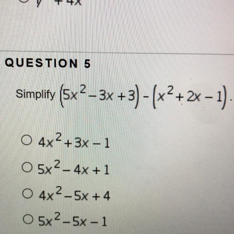 Simplity (5x2-3x+3) - (x2+2x – 1). PLEASE HELP!-example-1