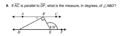 If AC is parallel to DF, what is the measure, in degrees, of ∠ABD-example-1