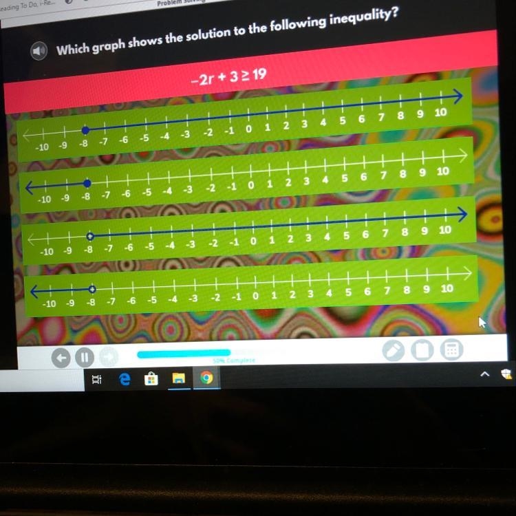 Which graph shows the solution to the following inequally! -2r + 3 > 19-example-1