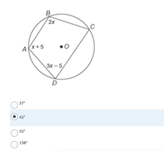 Please help What is the measure of < A A) 37 B) 42 C) 55 D) 138-example-1