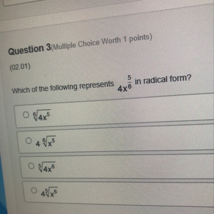 Which of the following represents ___ in radical form?-example-1