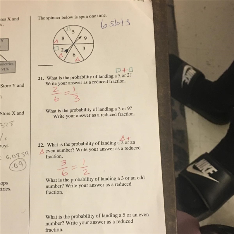 What is the probability of landing a 3 or 9? Write your answer as a reduced fraction-example-1