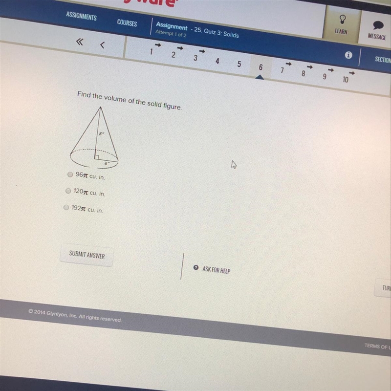 Find the volume of the solid figure 96pi 120pi 192pi-example-1