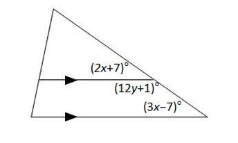 2. Find the value of x and y. (2x +7) degrees (12y + 1) degrees (3x - 7) degrees-example-1