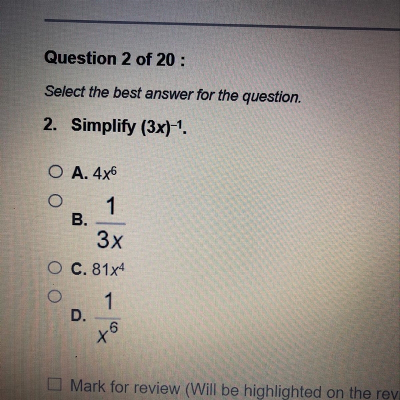 Simplify ( 3x ) -1.-example-1