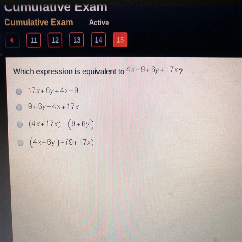 Which expression is equivalent to 4x-9+6y+17x?-example-1