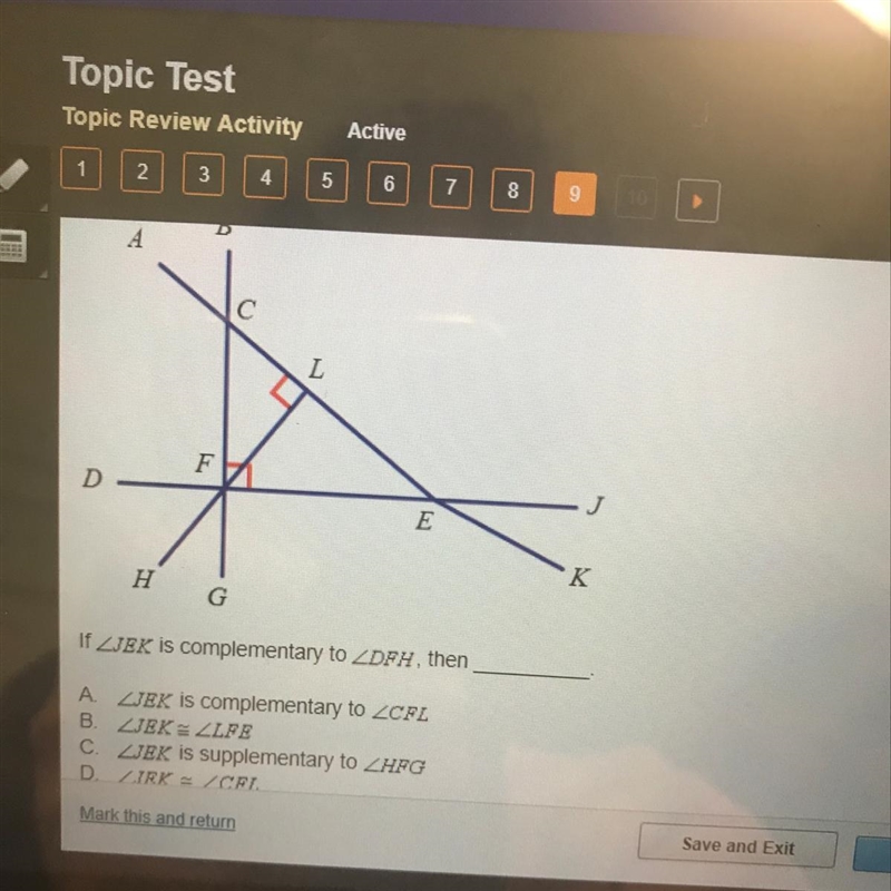 If angle JEK is complementary to angle DFH, then _______. A.-example-1