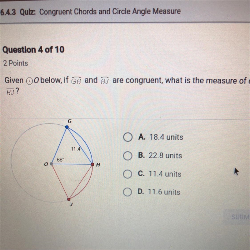 Given O below, if GH and HJ are congruent, what is the measure of chord HJ-example-1