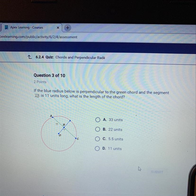 If the blue radius below is perpendicular to the green chord and the segment AB is-example-1