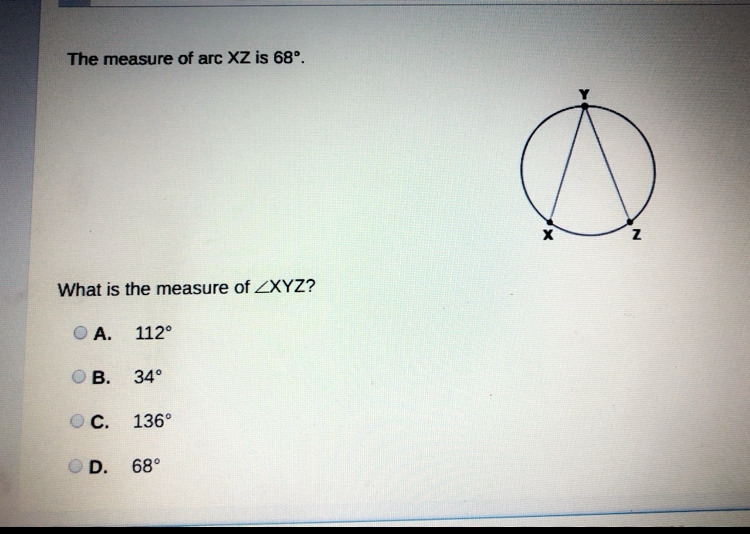 The measure of arc XZ is 68 degrees. What is the measure of XYZ?-example-1