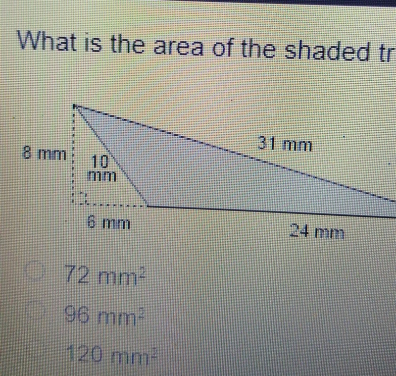 What is the area of the shaded triangle? 8mm 10mm 31mm 6mm 24mm​-example-1