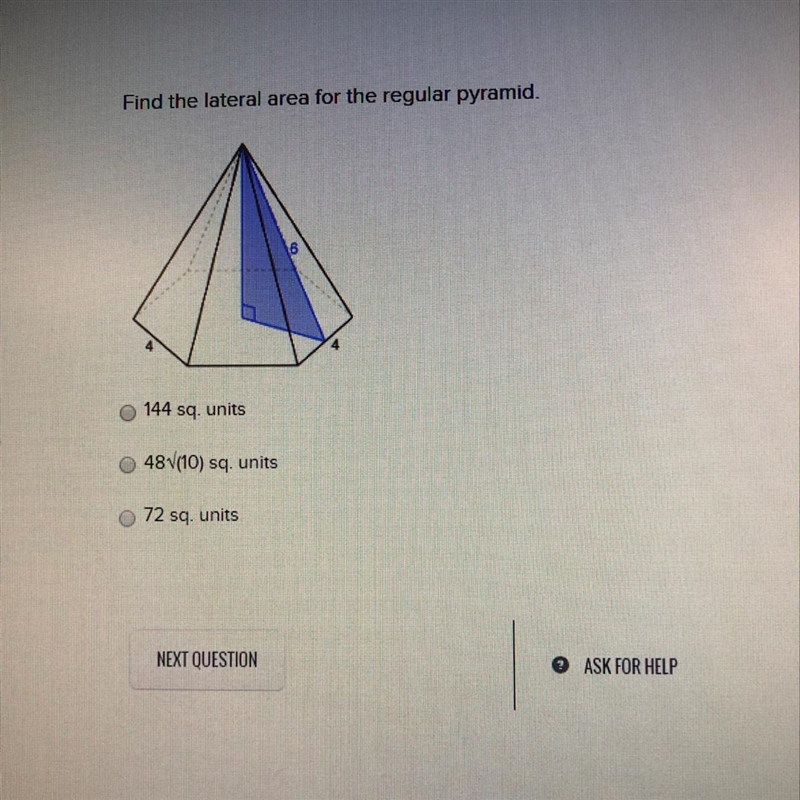 Find the lateral area for the regular pyramid 144 48/10 73-example-1