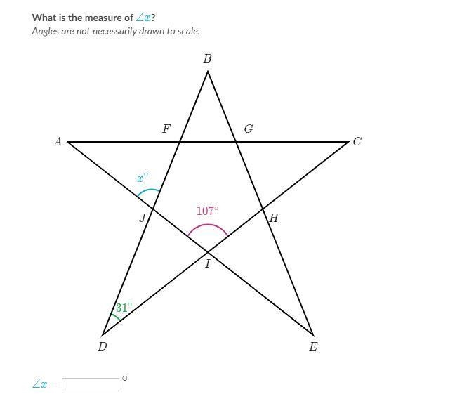 What is the measure of x? Angles are not necessarily drawn to scale.-example-1