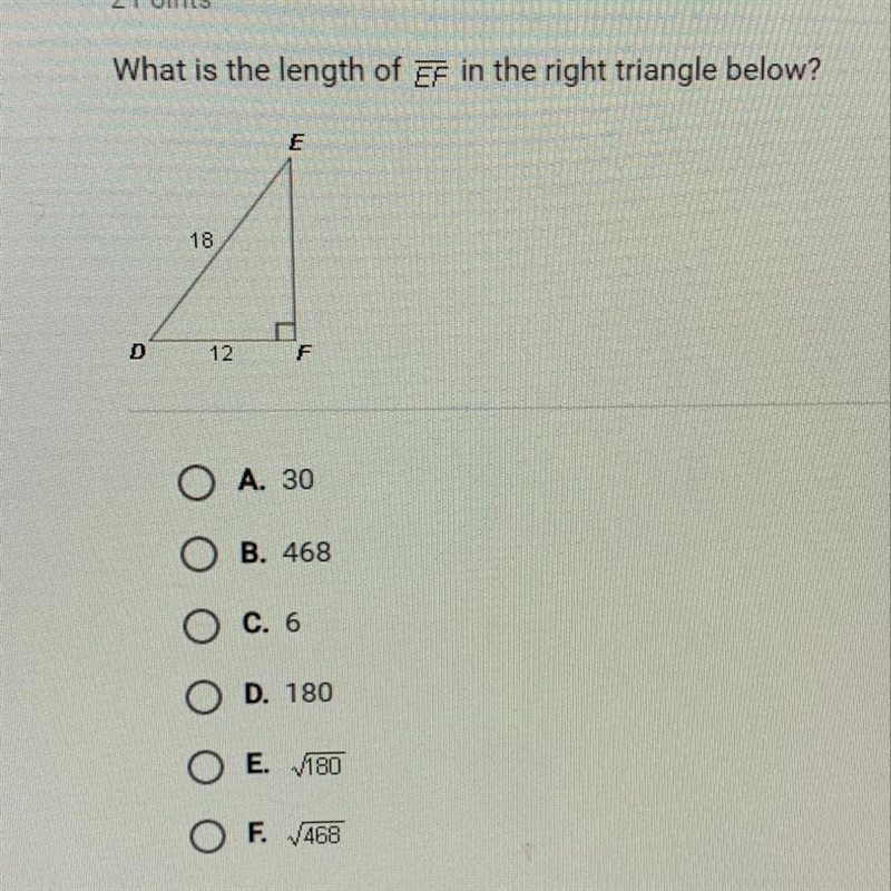 What is the length of angle EF in the right triangle below-example-1