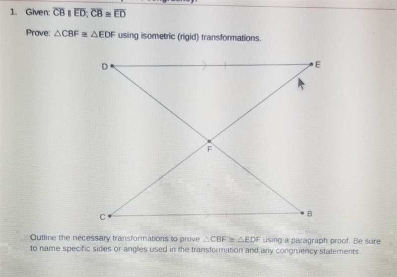 Outline the necessary transformations to prove CBF = EDF using a paragraph proof. Be-example-1