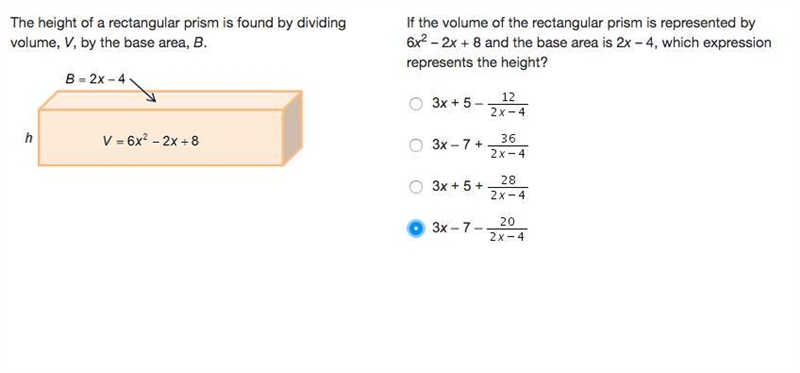 The height of a rectangular prism is found by dividing volume, V, by the base area-example-1