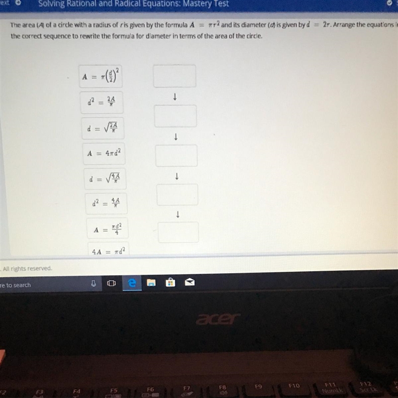 The area (A) of a circle with a radius of R is given by the formula A= pi R2 in its-example-1