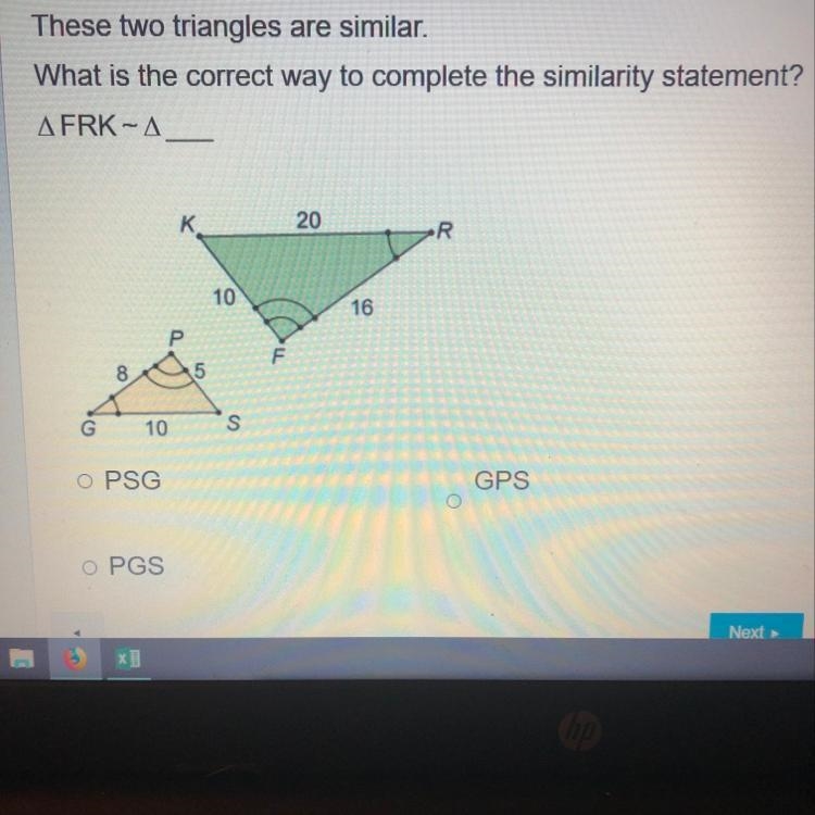 These two triangles are similar. What’s the correct way to complete the similarity-example-1