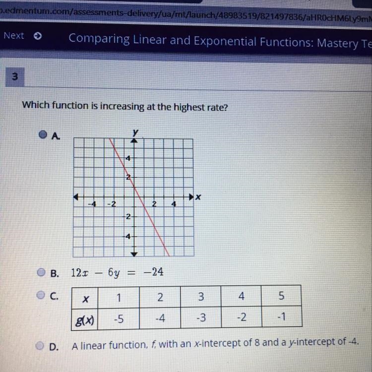 Which function is increasing at the highest rate? OA B. 12. - 6y = C. x 1 –24 2 3 g-example-1