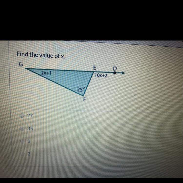 Find the value of x A. 27 B. 35 C. 3 D. 2-example-1