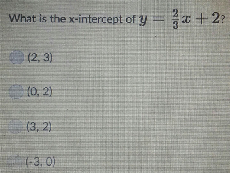 What is a x intercept of y=2/3 +2?-example-1