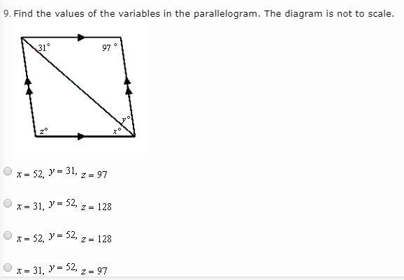 Find the values of the variables in the parallelogram. The diagram is not to scale-example-1