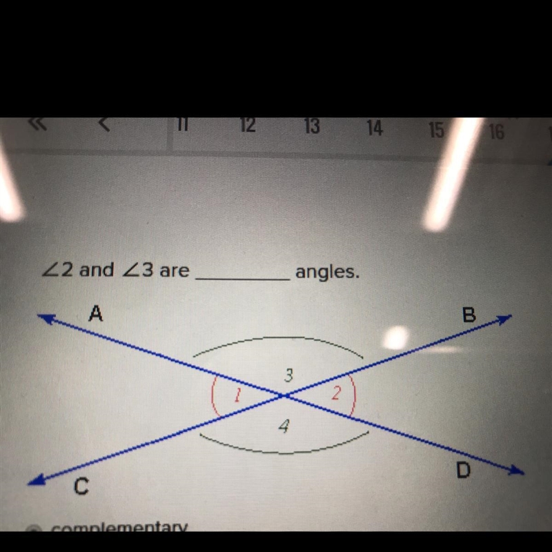 2 and 3 are angles. complementary vertical congruent supplementary-example-1