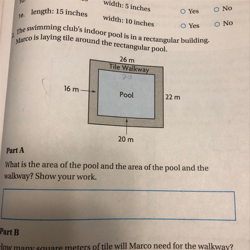 What is the area of the pool and the area of the pool and the walkway? Show your work-example-1