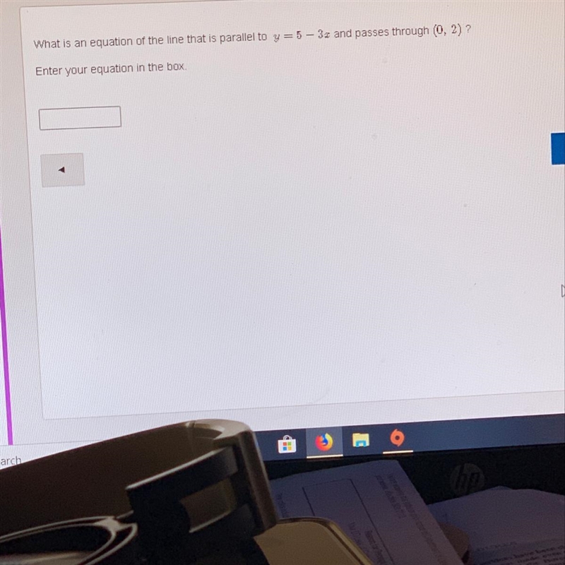 What is an equation of the line that is parallel to y=5-3x and passes through (0,2)? Please-example-1