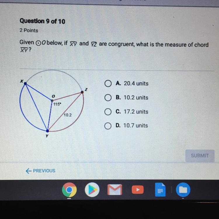 Given O below, if XY and YZ are congruent, what is the measure of chord XY-example-1