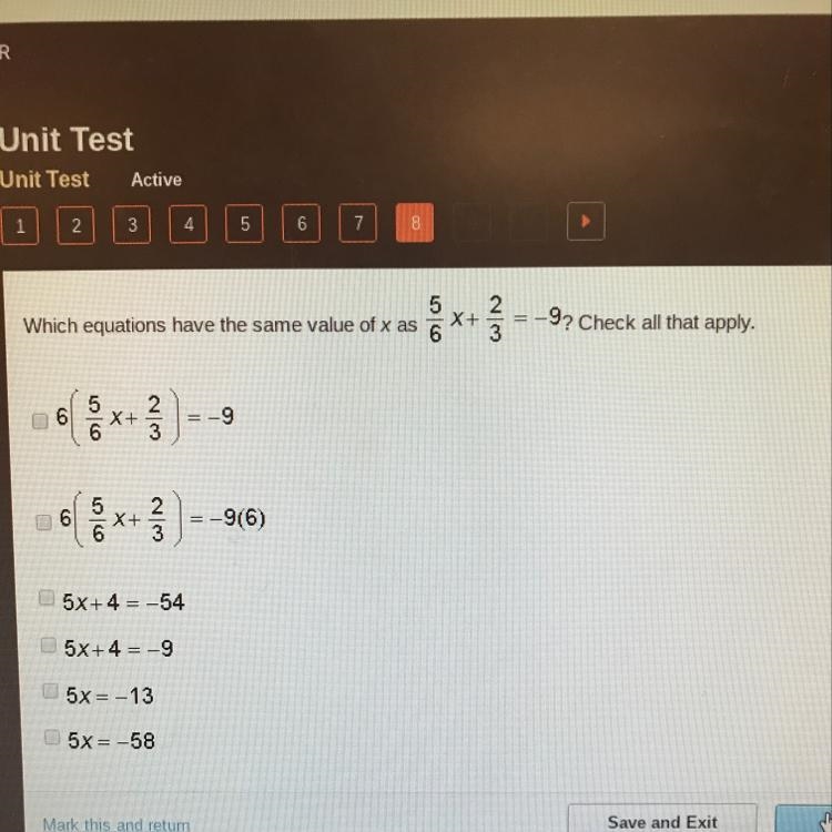 Which equations have the same value of x as 5/6x+2/3=-9 Check all that apply-example-1