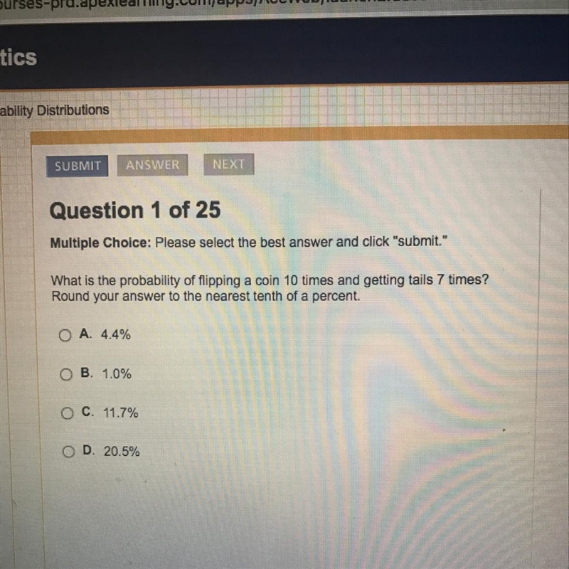 What is the probability of flipping a coin 10 times and getting tails 7 times ? Round-example-1