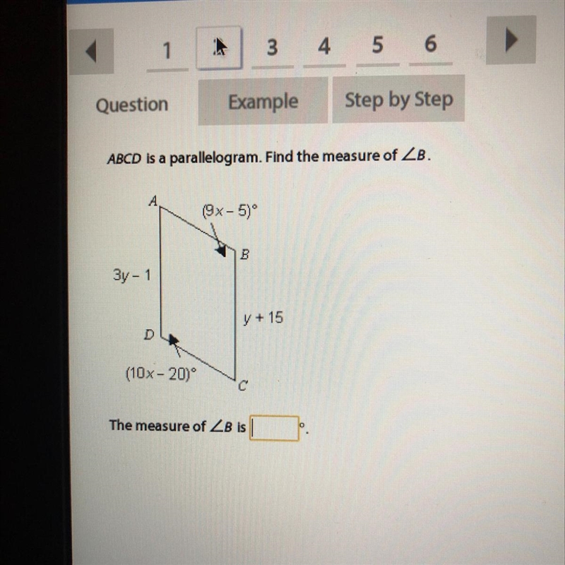 ABCD is a parallelogram. Find the measure of B.-example-1