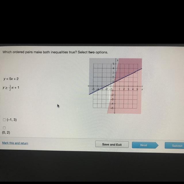 Which ordered pairs make both inequalities true? Select two options. y < 5x + 2 y-example-1