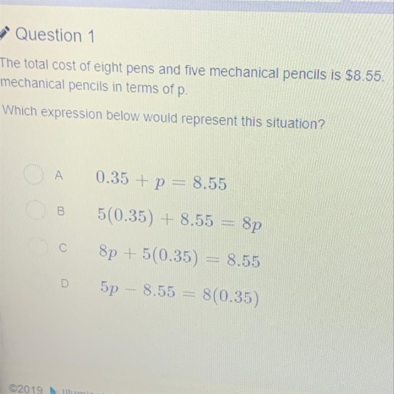 The total cost of eight pens and five mechanical pencils is $8.55. The cost of each-example-1