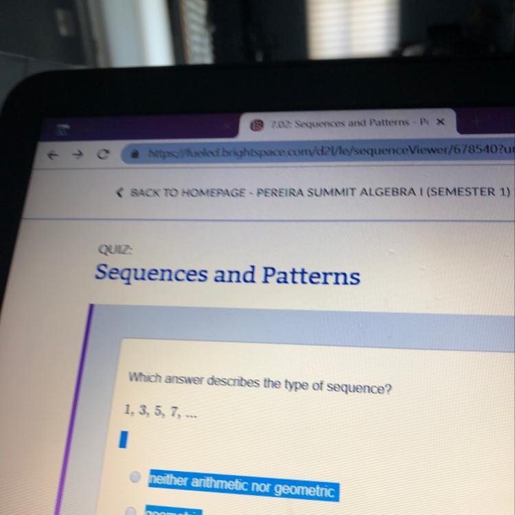 Which answer describes the type of sequence 1,3,5,7, ...-example-1