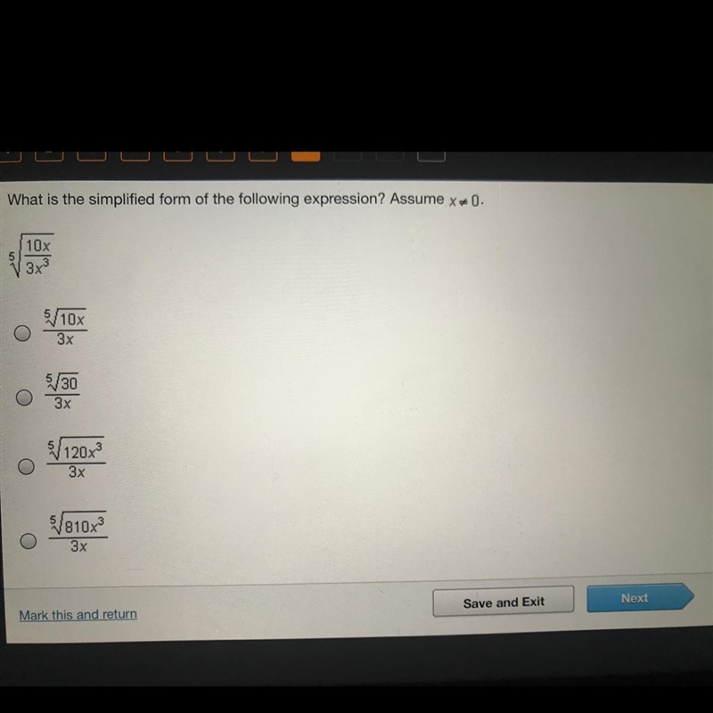 What is the simplified form of the following expression? Assume x = 0 ^5 sqrt 10x-example-1