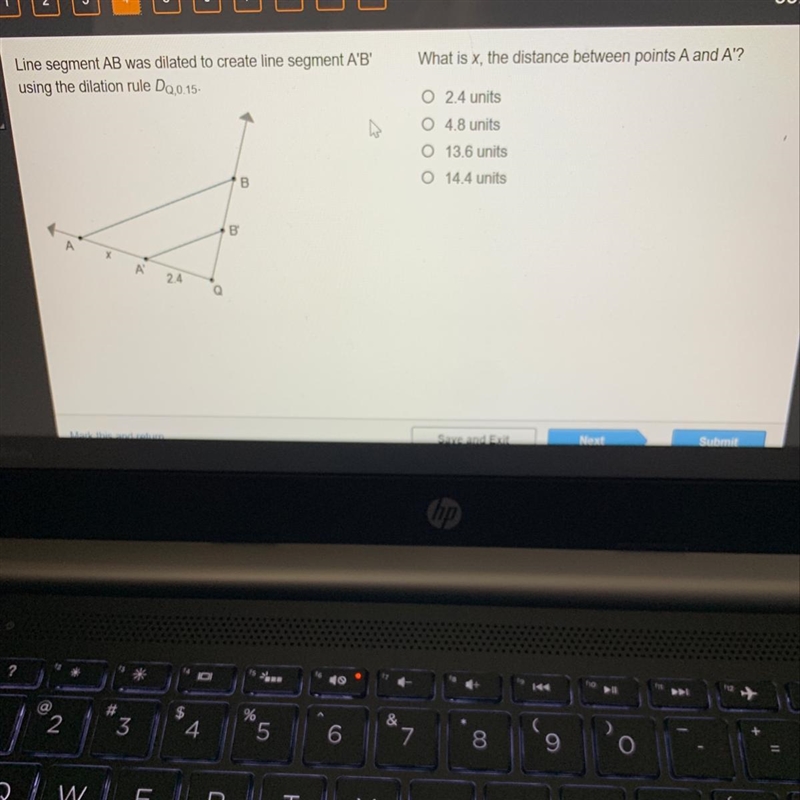 Please help fast! Line segment AB was dilated to create line segment A’B’ using the-example-1