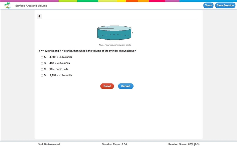 If r = 12 units and h = 8 units, then what is the volume of the cylinder shown above-example-1