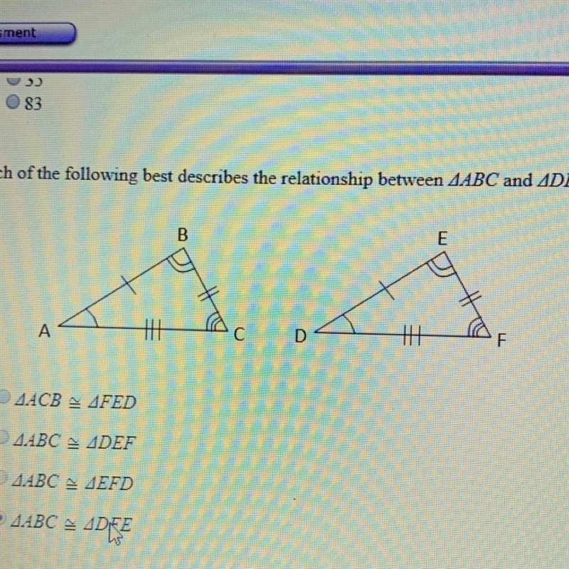 Which of the following best describes the relationship between ABC and DEF? AACB=FED-example-1