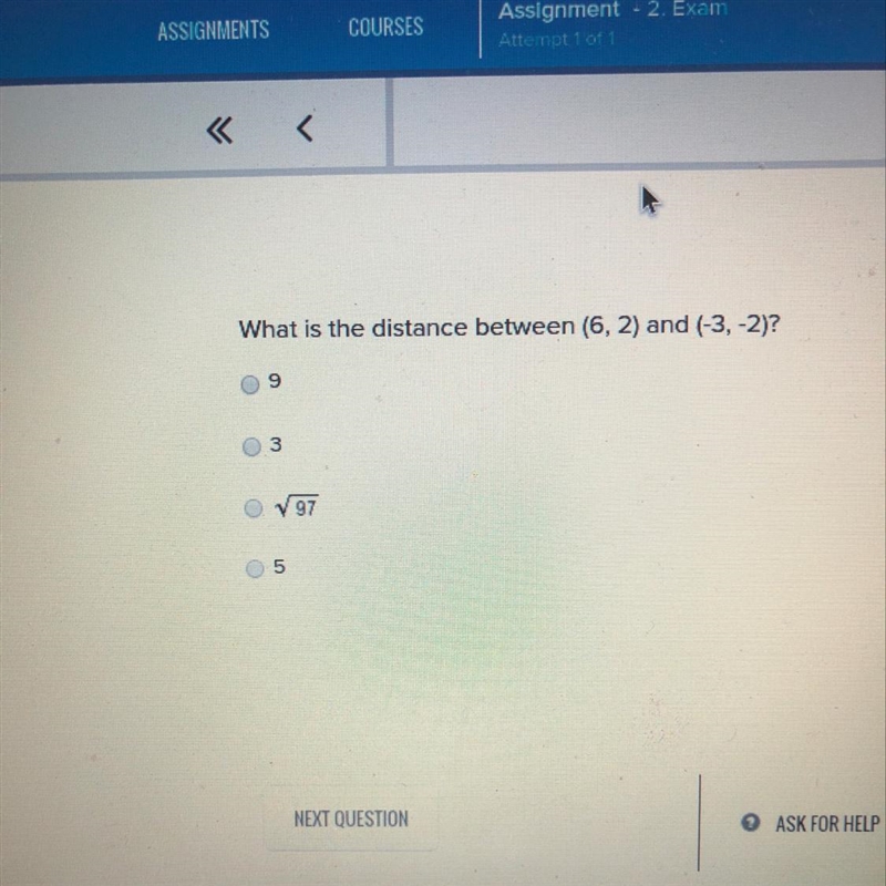 What is the distance between (6,2) and (-3,-2)?-example-1