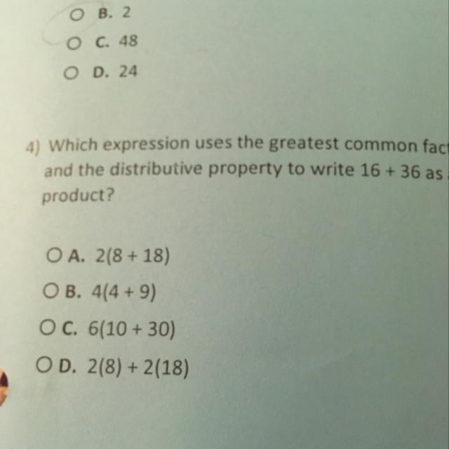 which expression uses the greatest common factor and distributive property to write-example-1