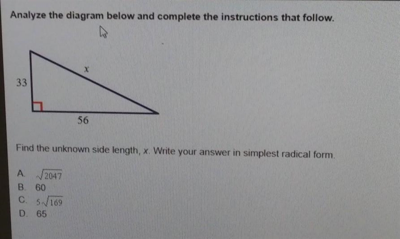 Find the unknown side length, X. Write your answer in simplest radical form. A 2047 B-example-1