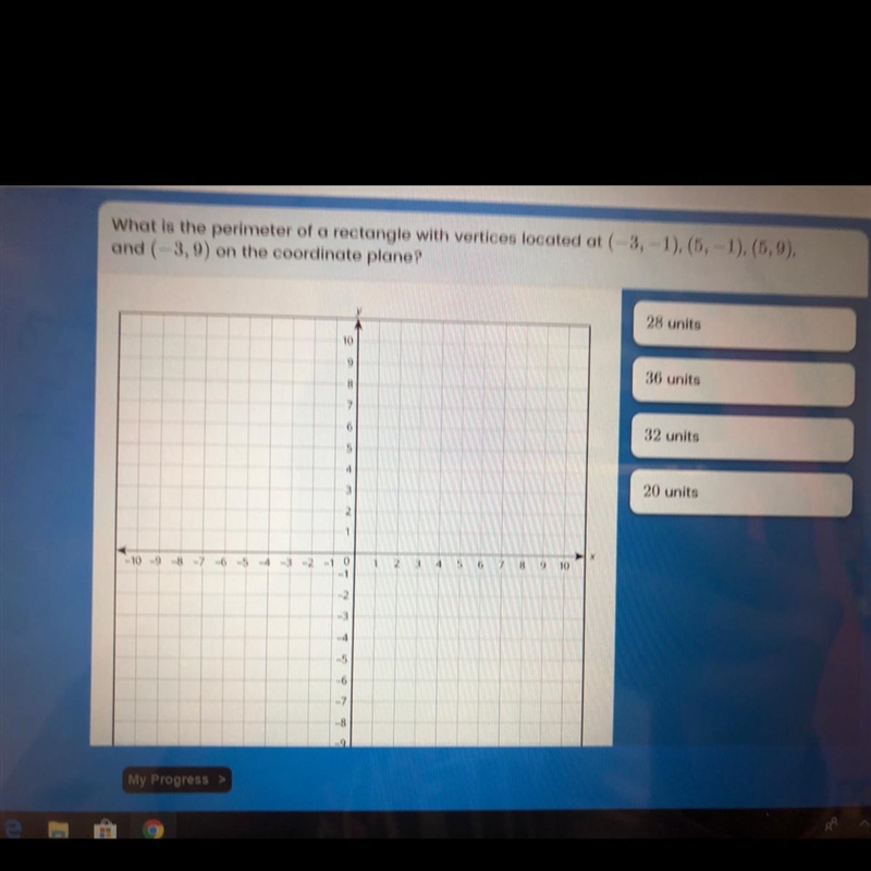 What is the perimeter of rectangle with vertices located at (- 3, - 1), (5, - 1), (5, 9) and-example-1