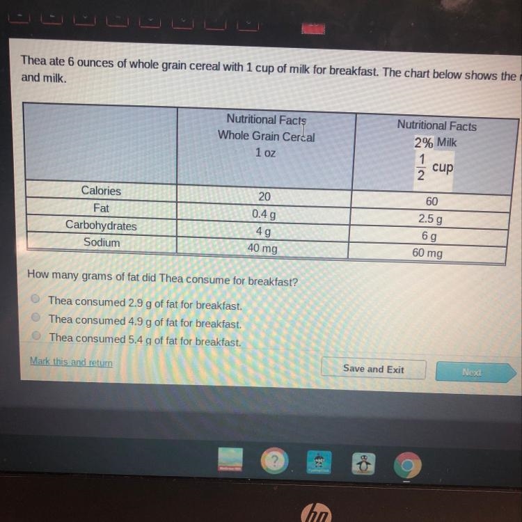 thea ate 6 ounces of whole grain cereal with 1 cup of milk for breakfast. the chart-example-1