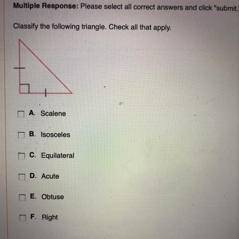 Classify the following triangle. Check all that apply.-example-1