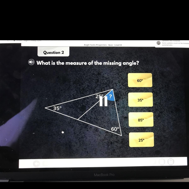 What is the measure of the missing angle?-example-1