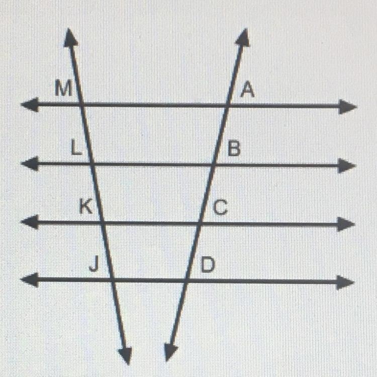 In the figure, the horizontal lines are parallel and AB=BC=CD. If LM = 8, find JM-example-1