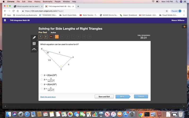 Which equation can be used to solve for b? b = (8)tan(30o) b = 8/tan(30o) b = (8)sin-example-1