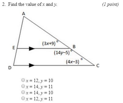 Find the value of x and y. A) x=12, y=10 B) x=14, y=11 C) x=14, y=10 D) x=12, y=11 This-example-1